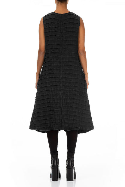 V-Neck Black Pleated Linen Dress