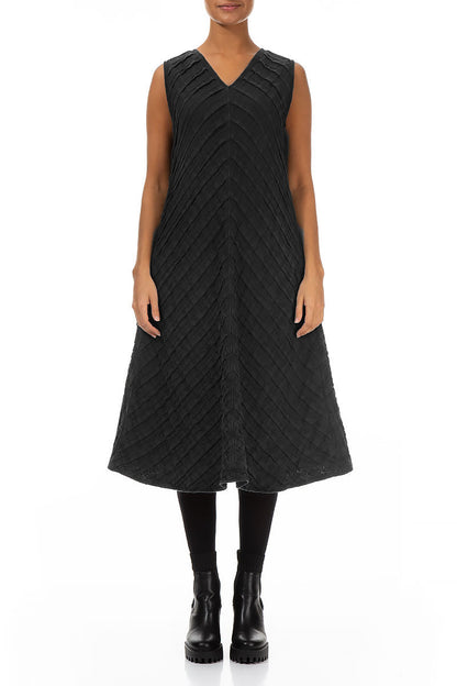 V-Neck Black Pleated Linen Dress