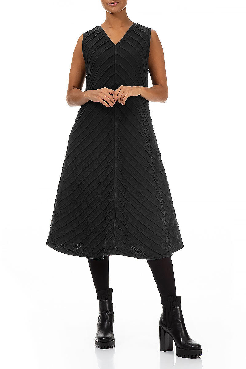 V-Neck Black Pleated Linen Dress