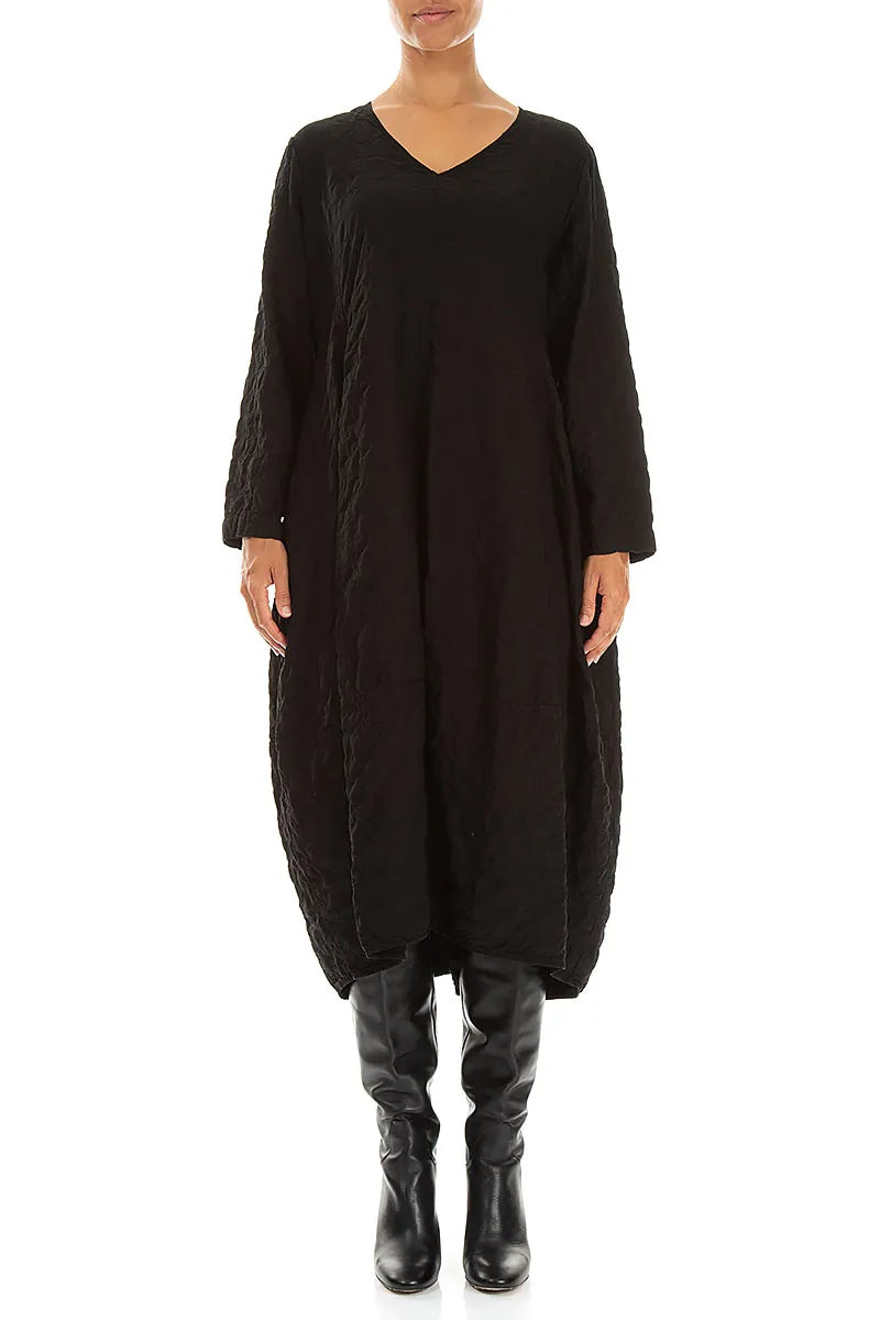V-Neck Black Pleated Silk Bamboo Dress