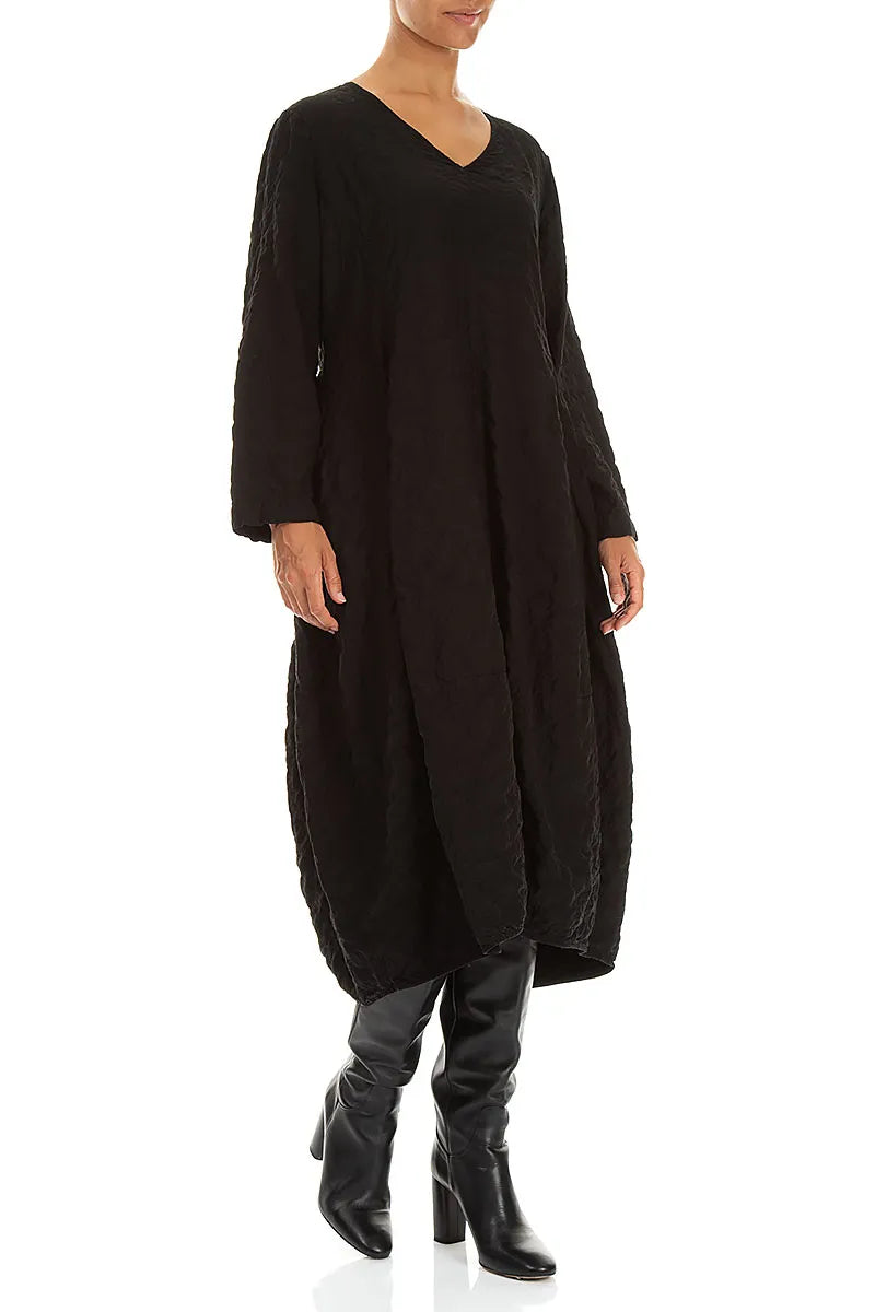 V-Neck Black Pleated Silk Bamboo Dress