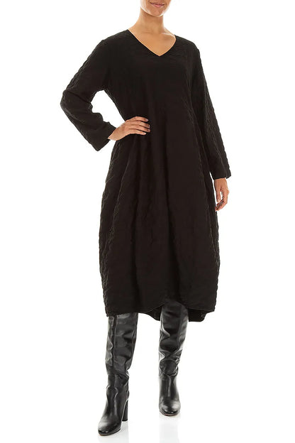 V-Neck Black Pleated Silk Bamboo Dress