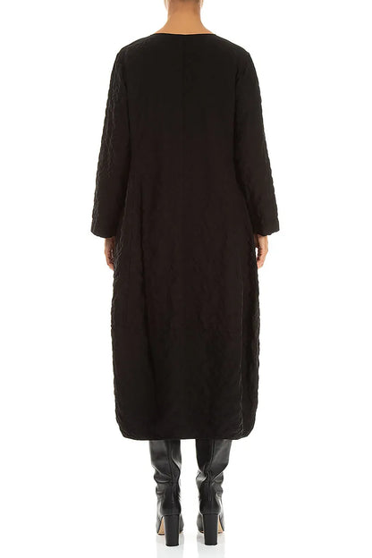 V-Neck Black Pleated Silk Bamboo Dress