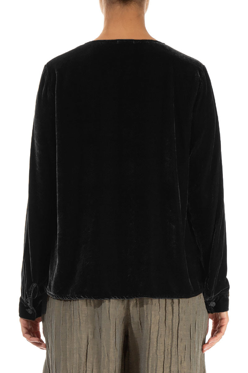 V-Neck Black Silk Velvet Blouse 2