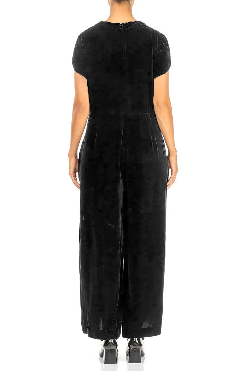 V-Neck Black Silk Velvet Jumpsuit 2