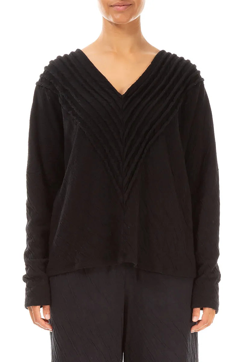 V-Neck Black Wavy Cotton Blouse 1
