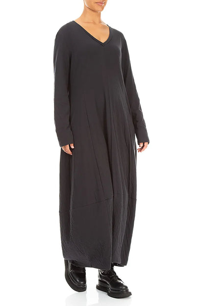 V-Neck Black Wavy Cotton Maxi Dress 3