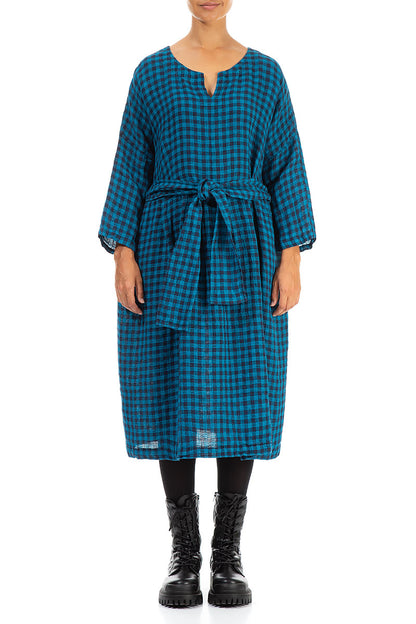 V-Neck Blue Check Linen Dress 1