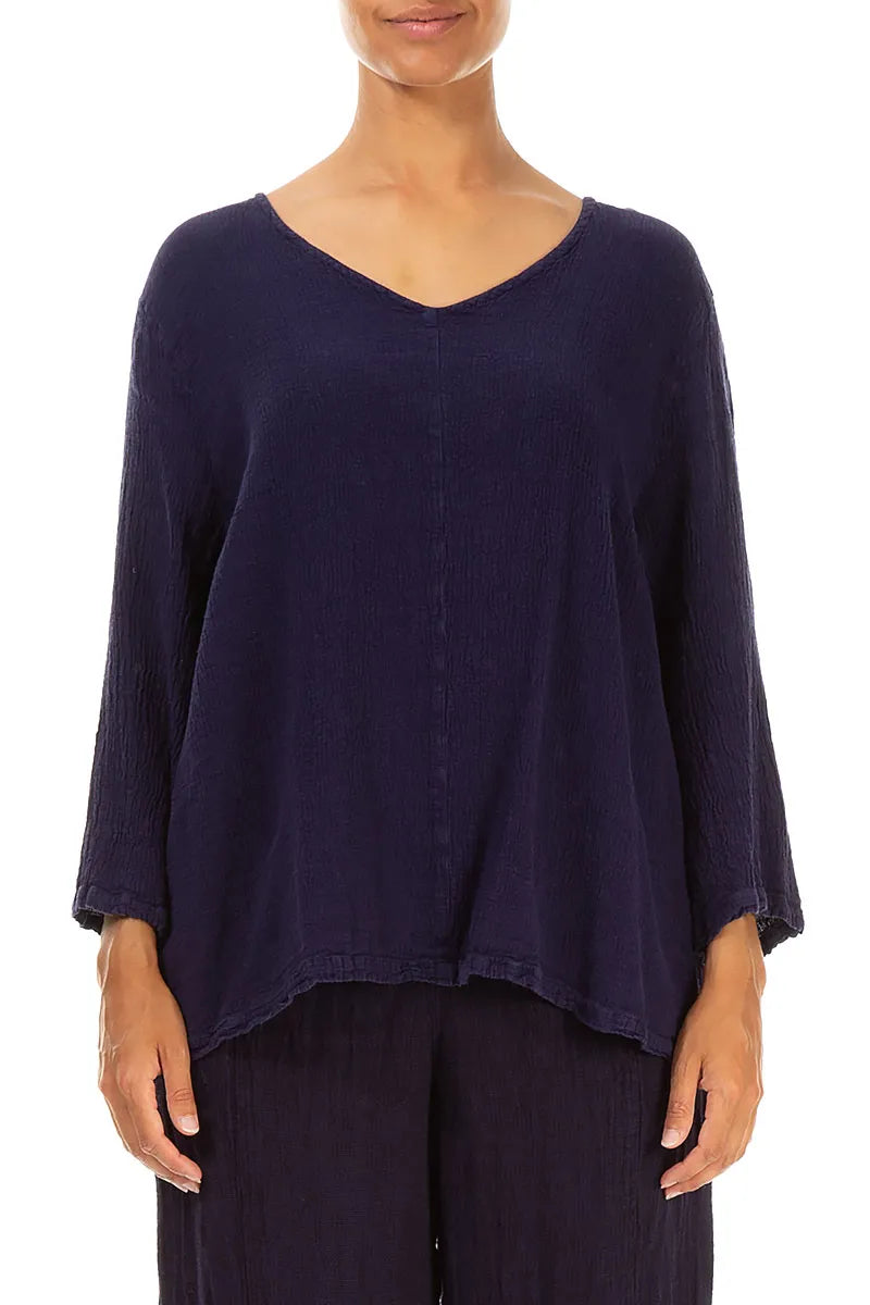 V-Neck Blue Violet Linen Viscose Blouse