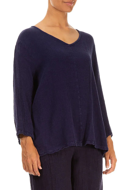 V-Neck Blue Violet Linen Viscose Blouse