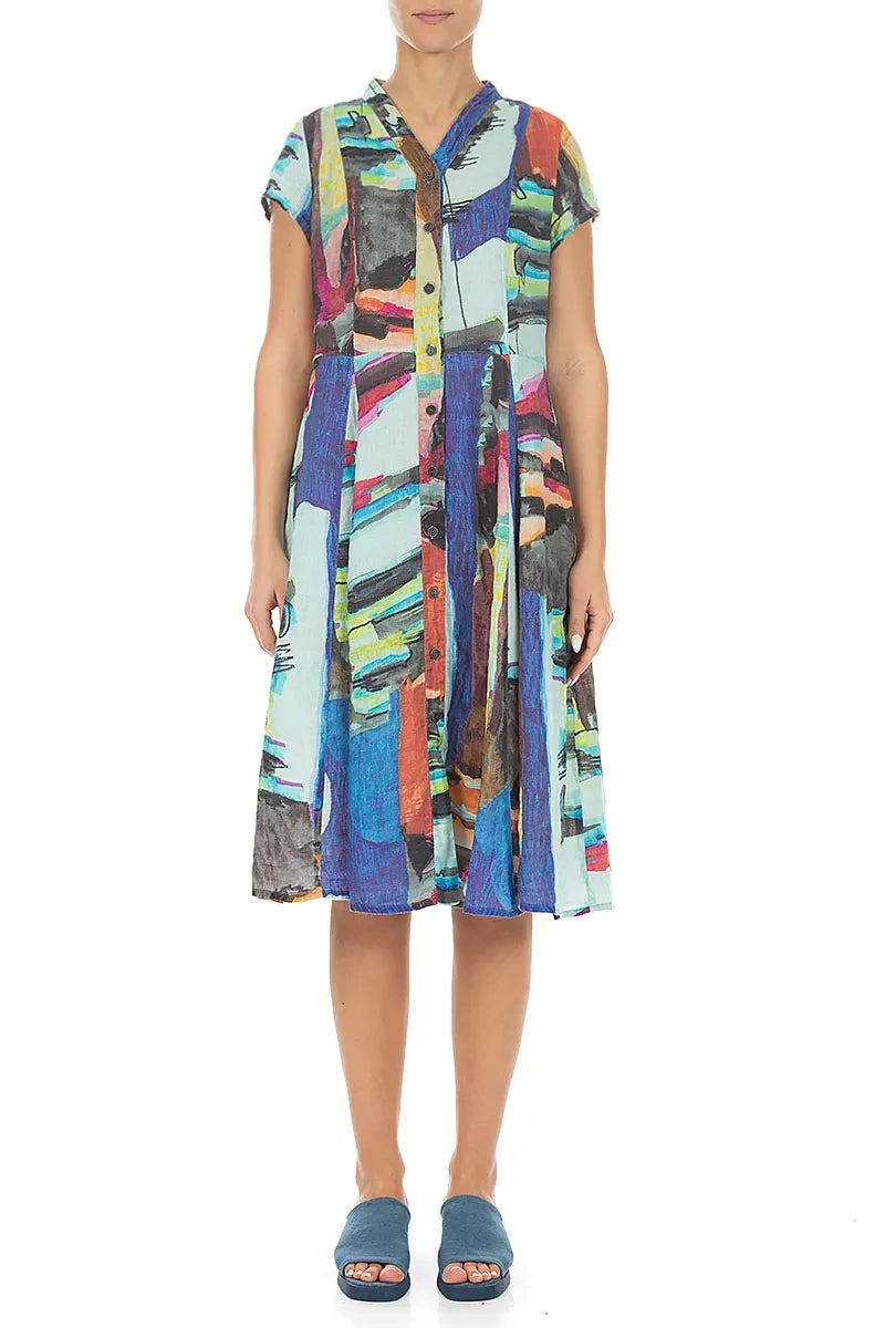 V-Neck Buttoned Abstract Linen Dress 1