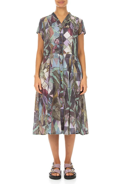 V-Neck Buttoned Art Mosaic Linen Dress 1