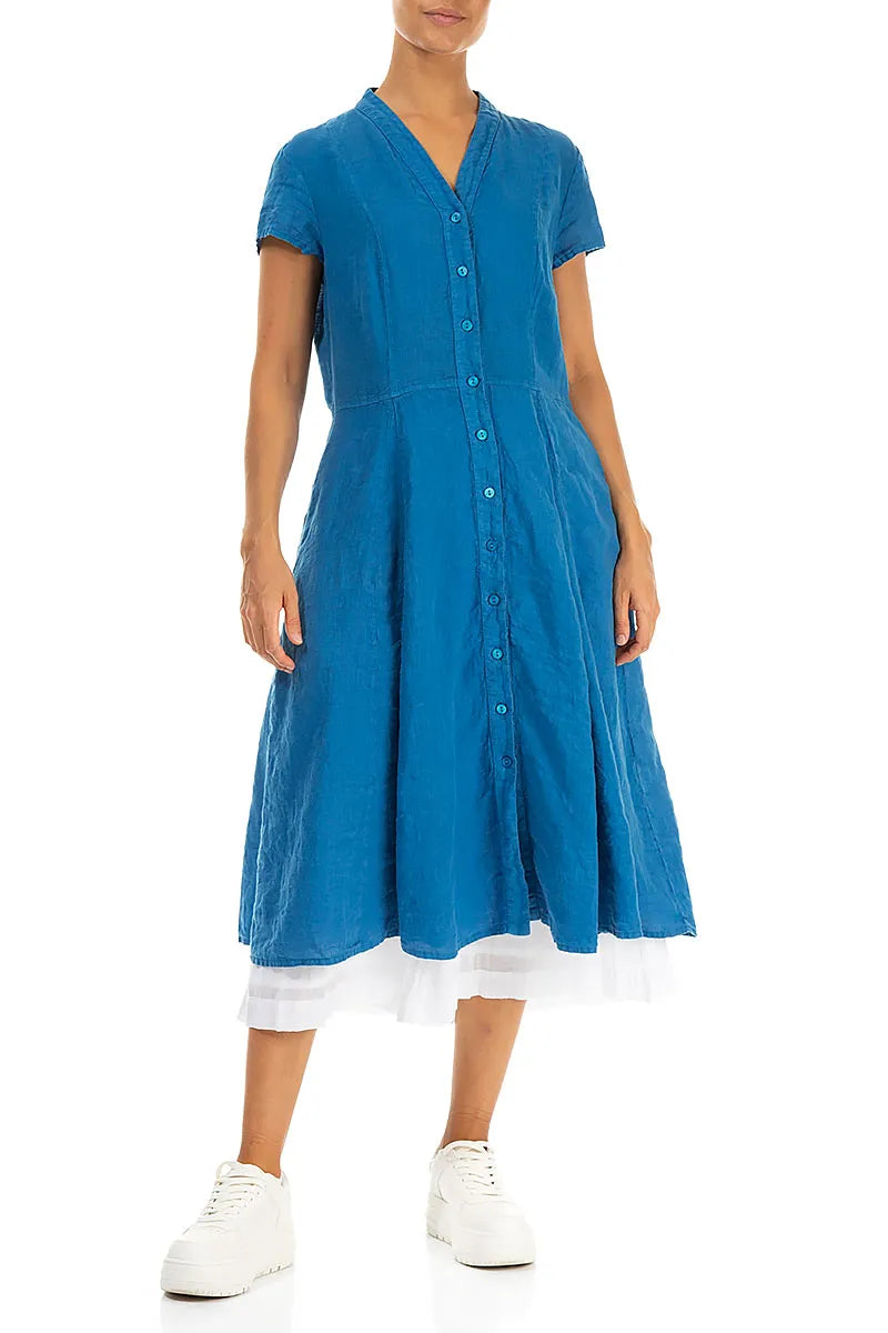 V-Neck Buttoned Cobalt Blue Linen Dress