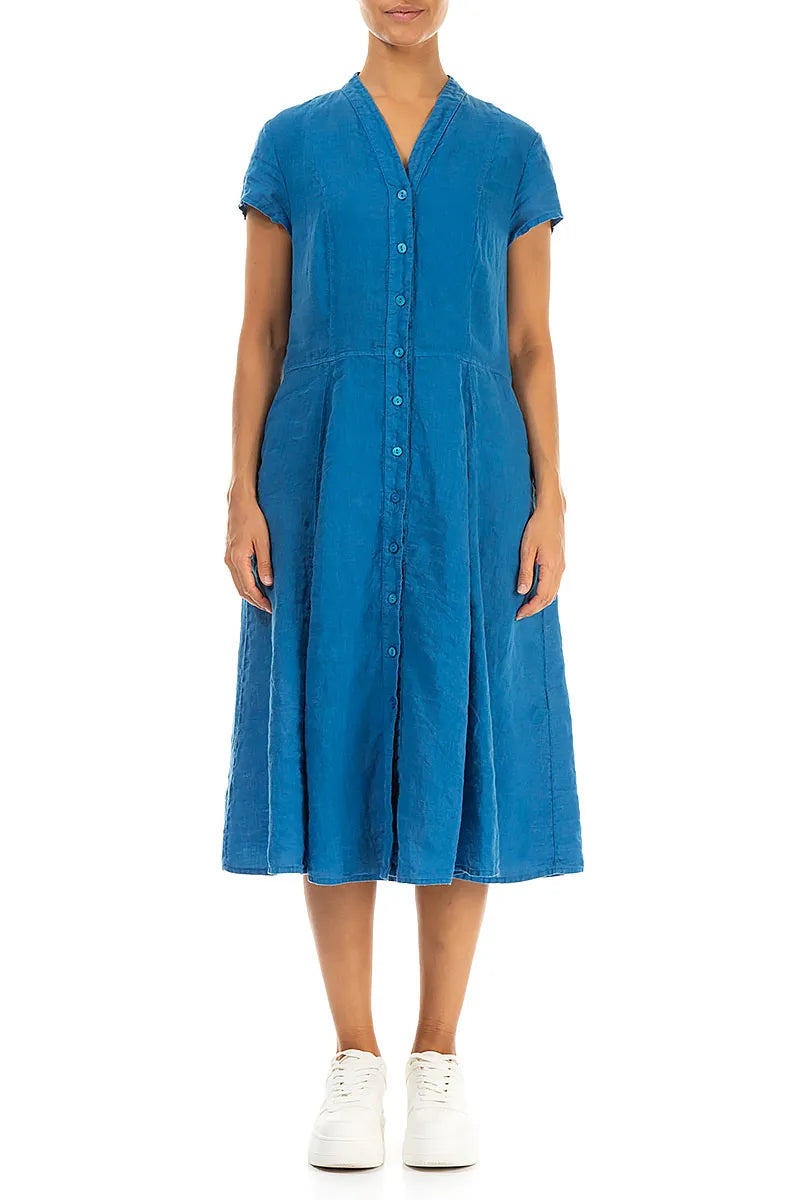 V-Neck Buttoned Cobalt Blue Linen Dress