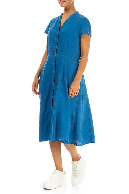 V-Neck Buttoned Cobalt Blue Linen Dress