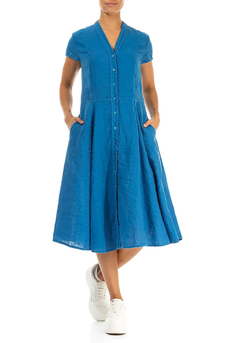 V-Neck Buttoned Cobalt Blue Linen Dress