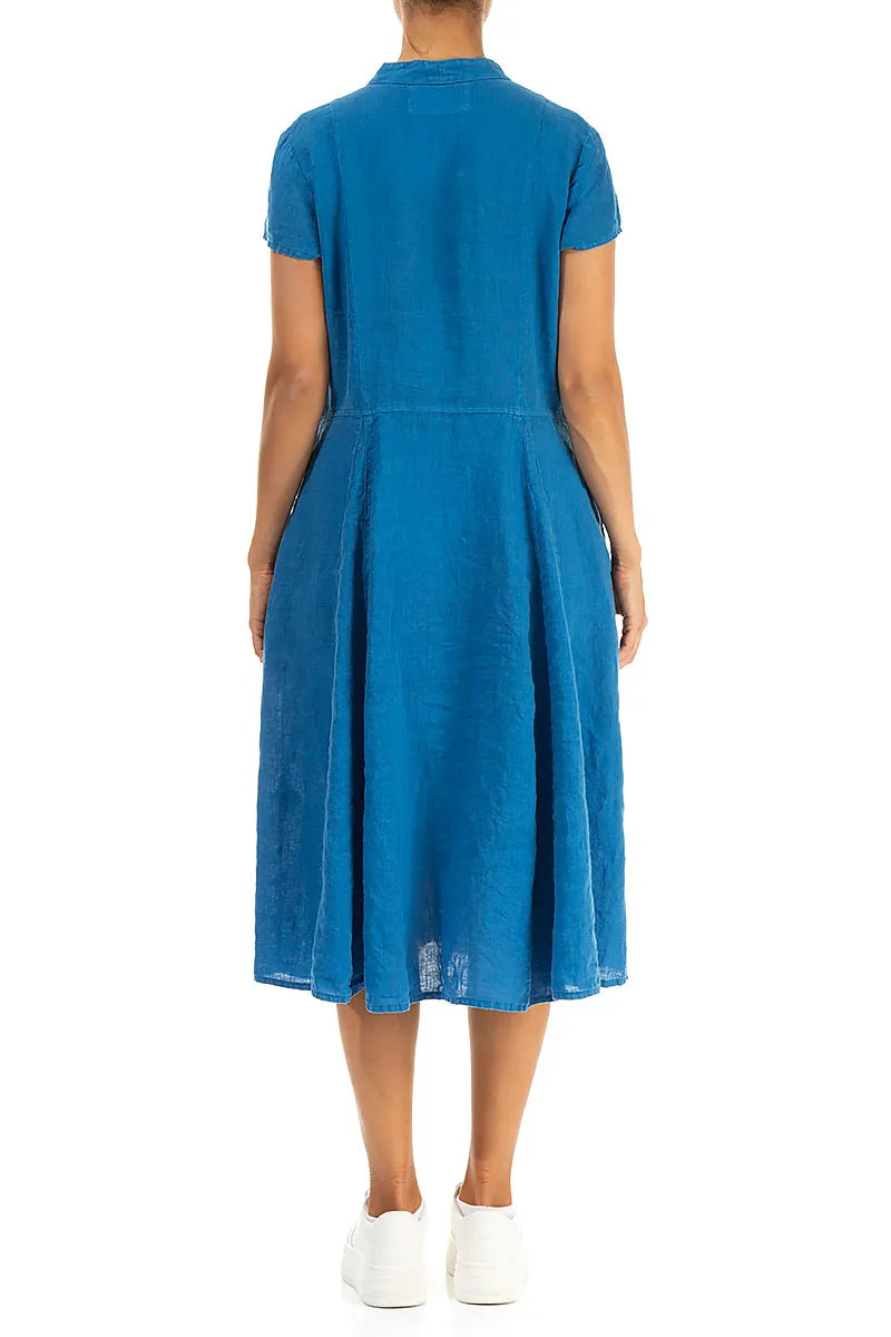 V-Neck Buttoned Cobalt Blue Linen Dress