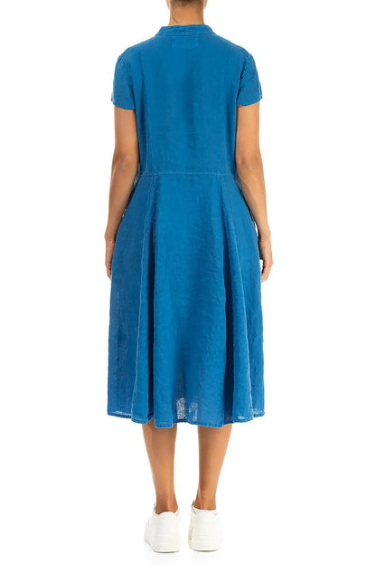 V-Neck Buttoned Cobalt Blue Linen Dress