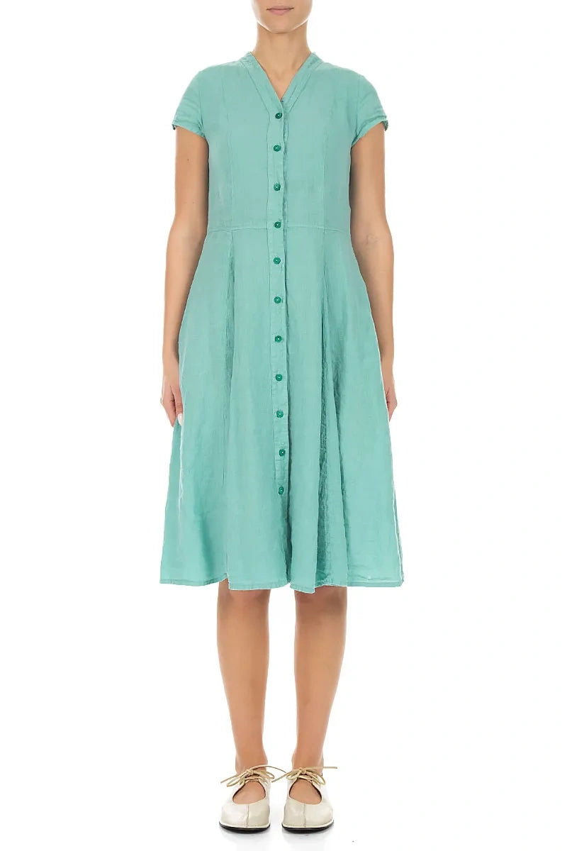V-Ausschnitt Leinenkleid mit Knöpfen in Mint
