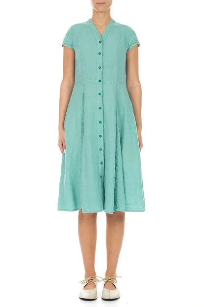 V-Ausschnitt Leinenkleid mit Knöpfen in Mint