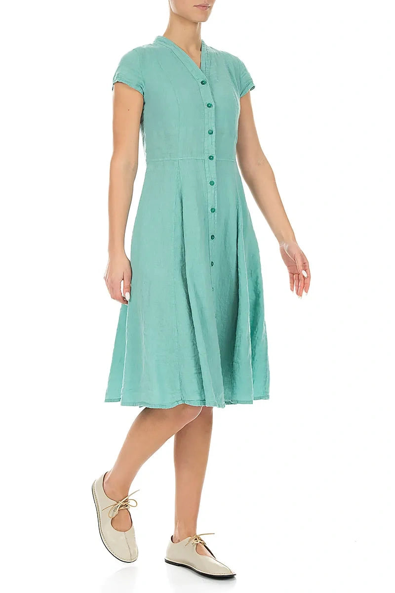 V-Ausschnitt Leinenkleid mit Knöpfen in Mint