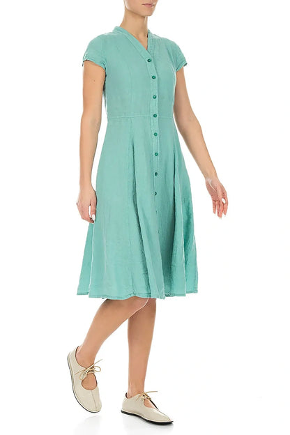 V-Ausschnitt Leinenkleid mit Knöpfen in Mint