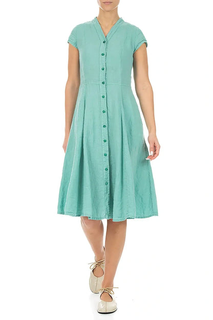 V-Ausschnitt Leinenkleid mit Knöpfen in Mint