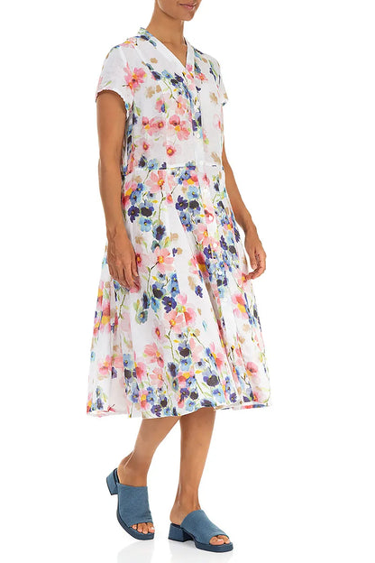 V-Neck Buttoned Primrose Linen Dress 3