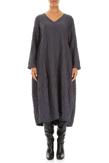 V-Neck Charcoal Pleated Silk Bamboo Dress