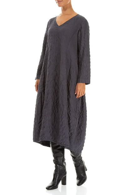 V-Neck Charcoal Pleated Silk Bamboo Dress