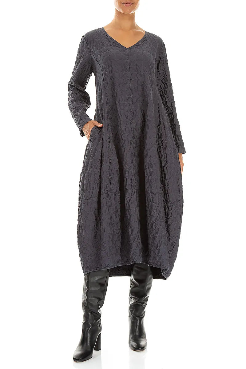 V-Neck Charcoal Pleated Silk Bamboo Dress