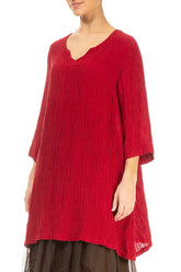 V-Neck Cherry Red Crinkled Silk Tunic 4