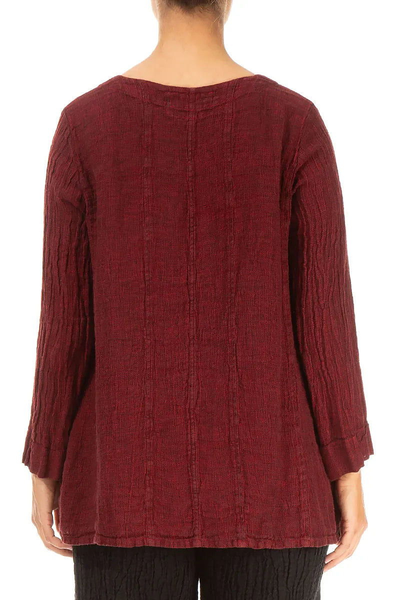 V-Neck Cherry Red Mélange Linen Blouse 2