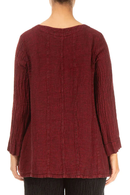 V-Neck Cherry Red Mélange Linen Blouse 2