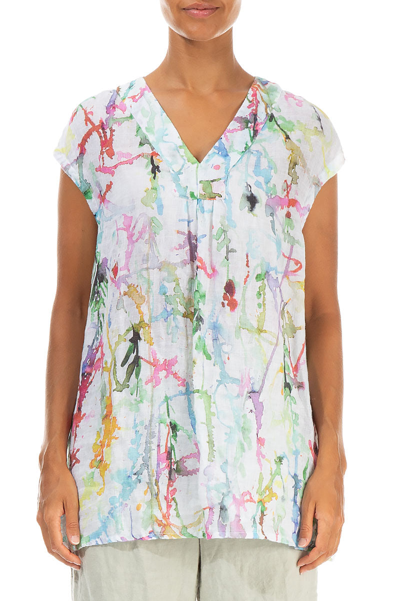 V-Neck Colour Splash Gauze Linen Blouse 1
