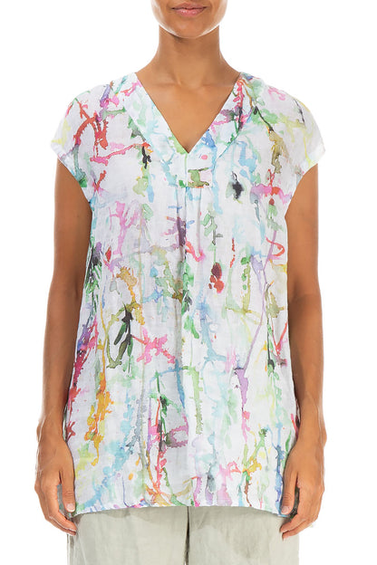 V-Neck Colour Splash Gauze Linen Blouse 1
