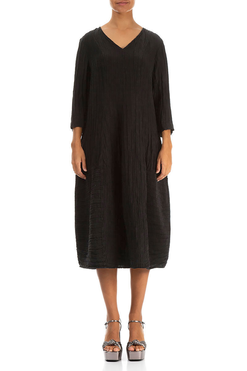 V-Neck Crinkled Black Silk Linen Dress 1