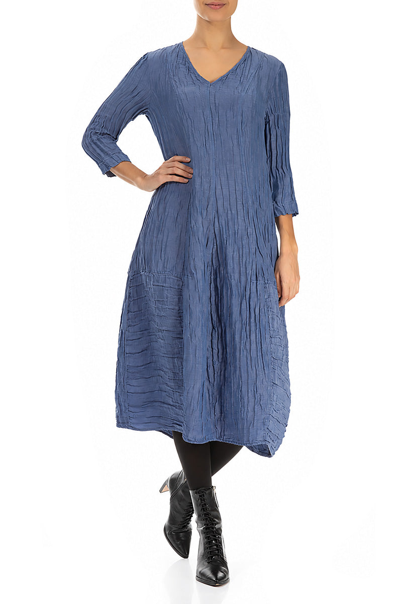 V-Neck Crinkled Blue Nova Silk Linen Dress