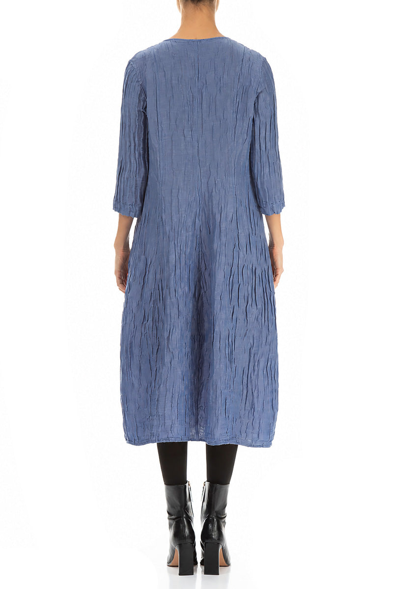 V-Neck Crinkled Blue Nova Silk Linen Dress 2