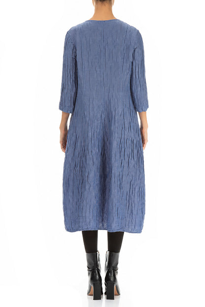 V-Neck Crinkled Blue Nova Silk Linen Dress