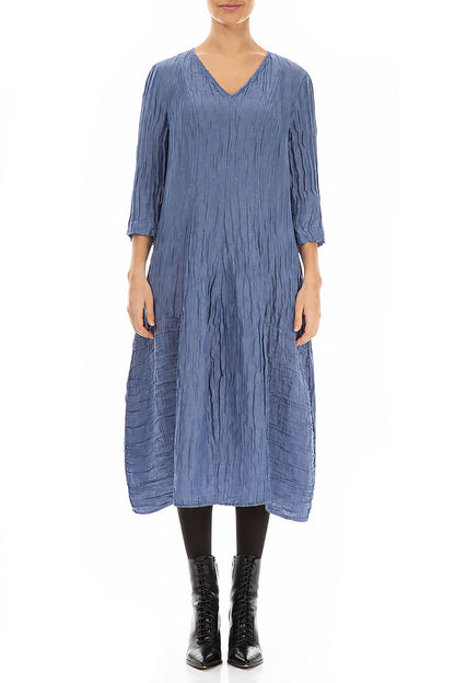 V-Neck Crinkled Blue Nova Silk Linen Dress