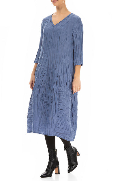 V-Neck Crinkled Blue Nova Silk Linen Dress