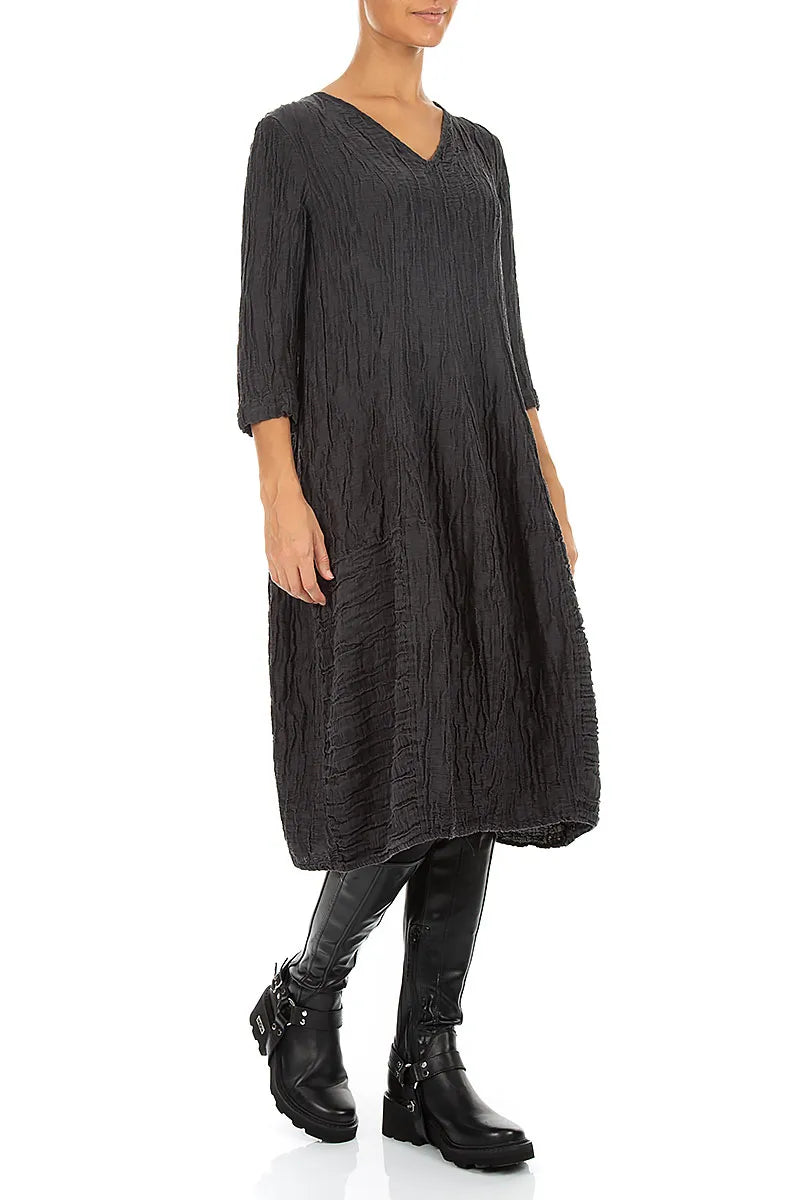 V-Neck Crinkled Charcoal Silk Linen Dress 3