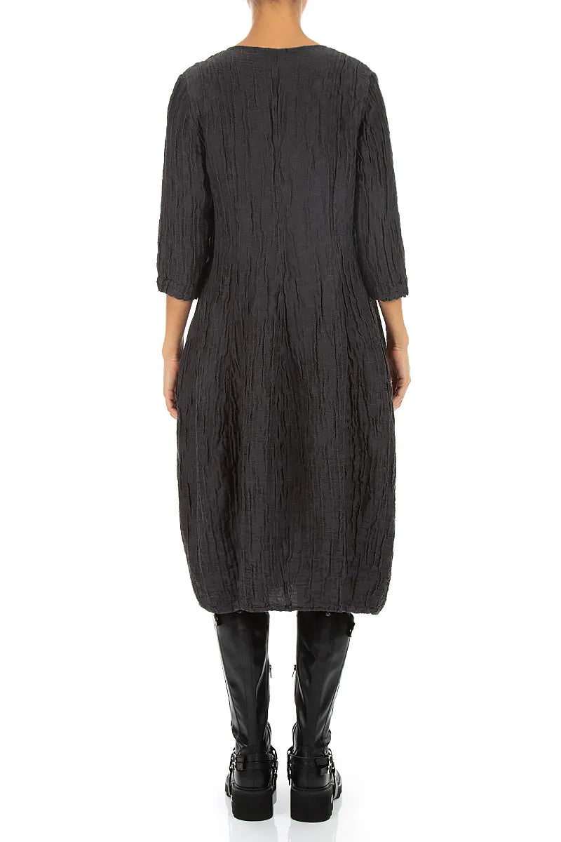 V-Neck Crinkled Charcoal Silk Linen Dress 2