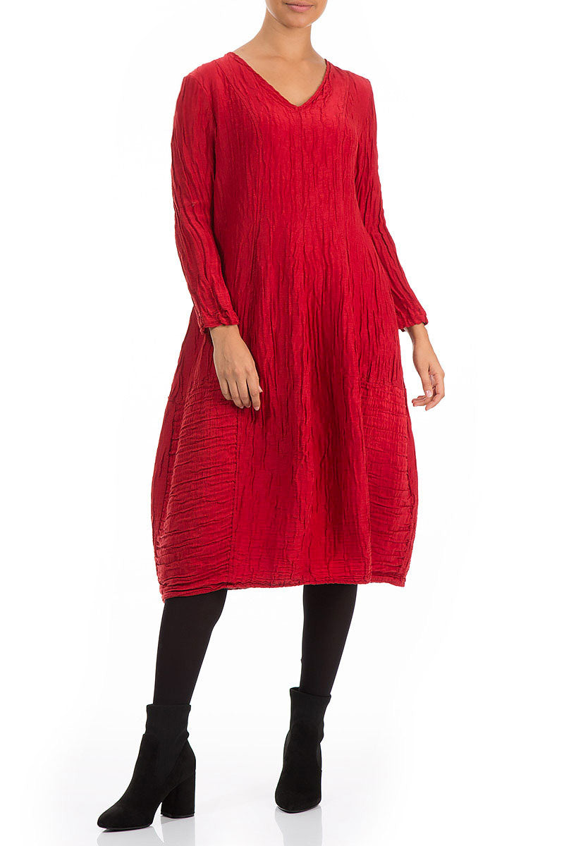 V-Neck Crinkled Cherry Red Silk Linen Dress 3