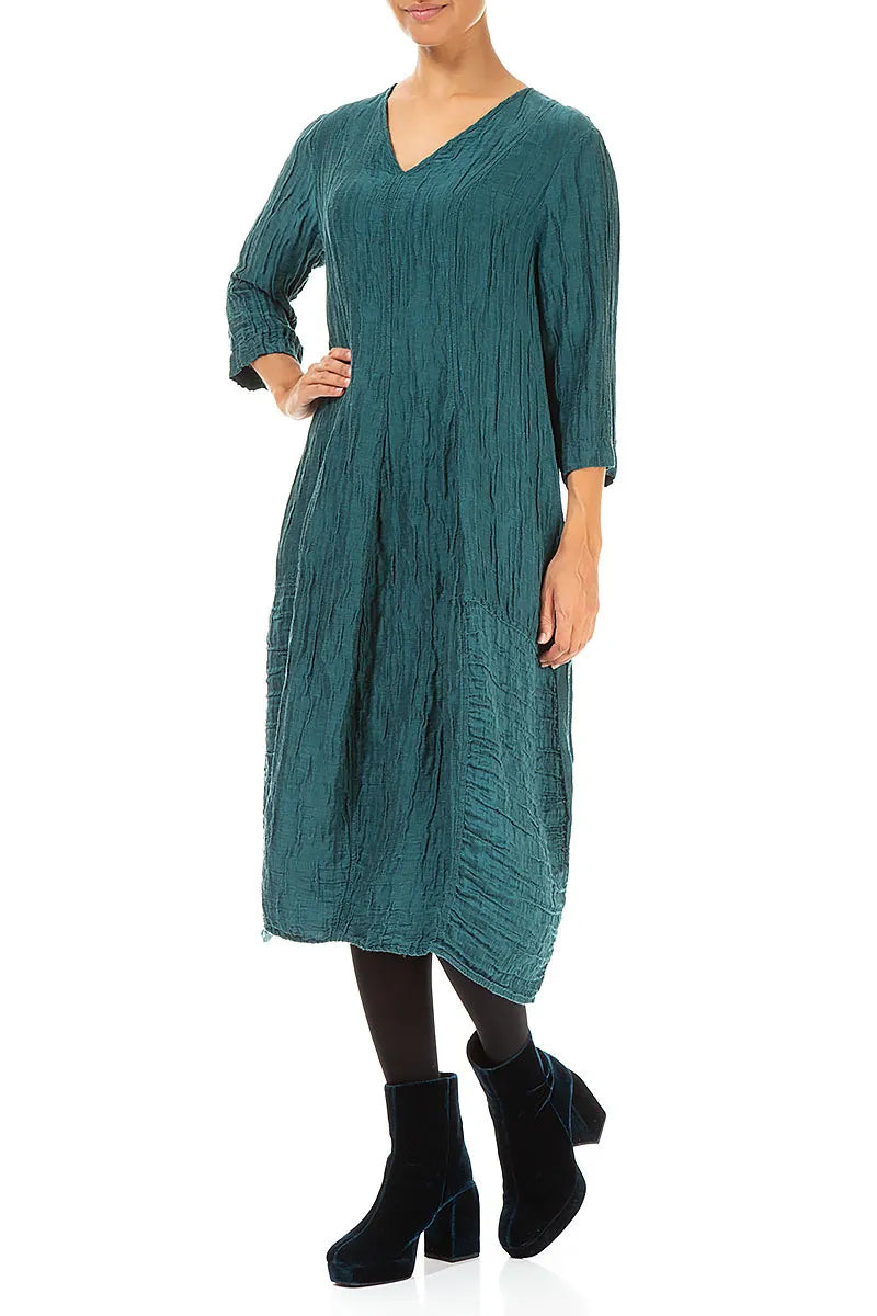 V-Neck Crinkled Peacock Silk Linen Dress 4