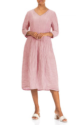 V-Neck Crinkled Powder Pink Silk Linen Dress 4