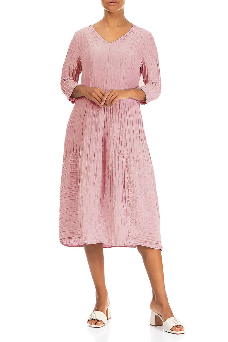 V-Neck Crinkled Powder Pink Silk Linen Dress 4