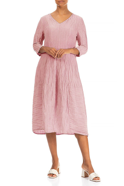 V-Neck Crinkled Powder Pink Silk Linen Dress 4