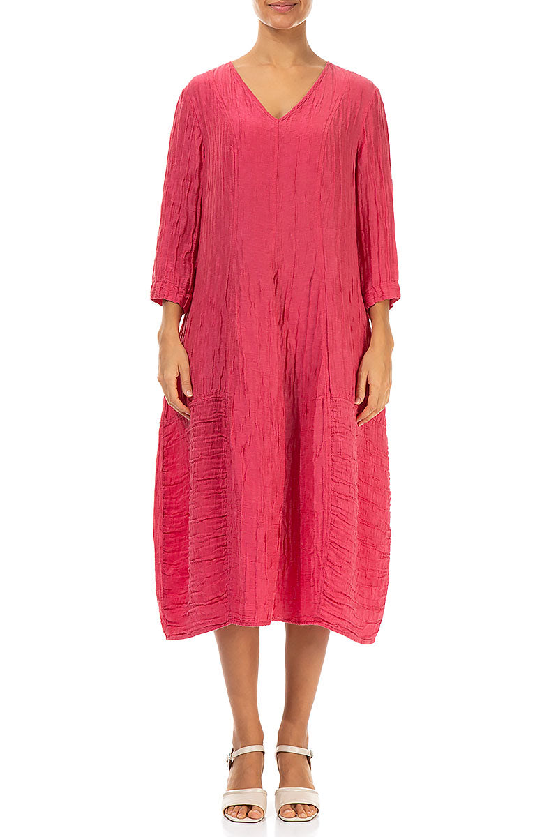 V-Neck Crinkled Raspberry Silk Linen Dress 1